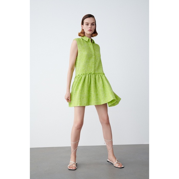 Zara Dresses & Skirts - ZARA Green Tweed Sleeveless Button Down Collared Mini Dress - XL